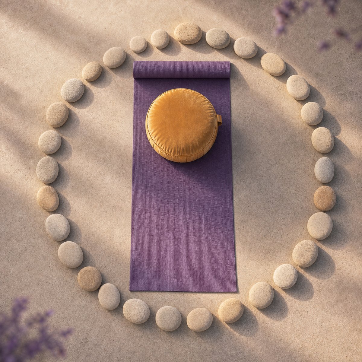 Tapis de yoga et coussin de méditation entourés d'un cercle de galets